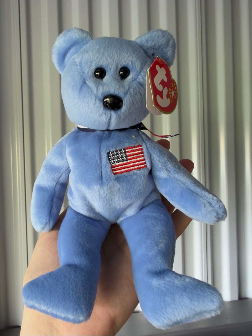 Ty Blue Bear Plush with Embroidered American Flag Patch